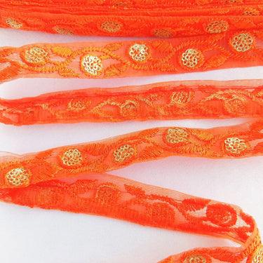 Wholesale Orange Net Lace Trim Floral Embroidery & Glitter Gold Sequins, Indian Wedding Border, Gifting Ribbon Costume Trim Fashion Trimming